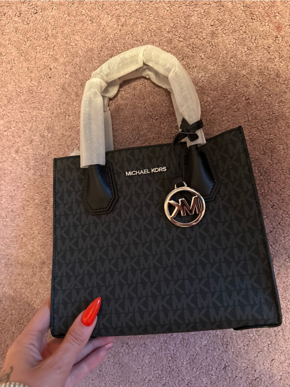 Michael Kors Black Logo Satchel with MK Charm